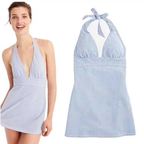 J. Crew, New Blue & White Seersucker Plunging Halter Swim Dress Swimsuit SZ 6 - Picture 1 of 10